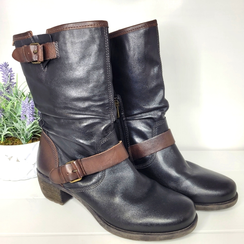 Pikolinos LeMans Mid Calf Black Brown Leather Boots with Buckle Detail size 40